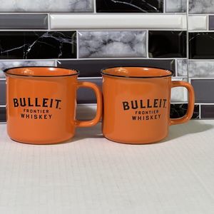 Bulleit Frontier Whiskey 12 oz Ceramic Coffee Campfire Mug Cup Set Of 2 Orange